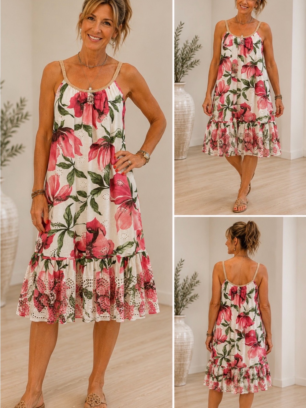 Floral Pink & White Midi  Cotton Sundress with Eyelet Trim